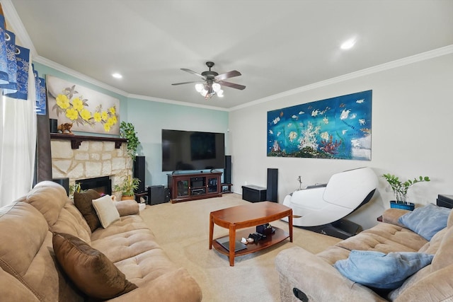 1717 Quail Grove Dr, Fort Worth, TX 76177 - carpeted living room with ornamental molding, a ceiling fan, a fireplace, and recessed lighting