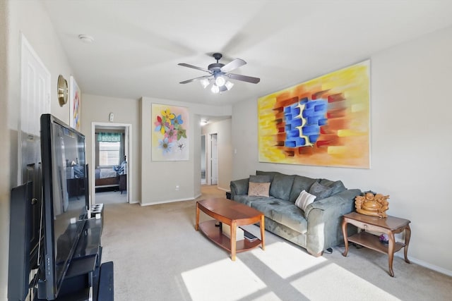 1717 Quail Grove Dr, Fort Worth, TX 76177 - living room with light carpet, baseboards, and a ceiling fan