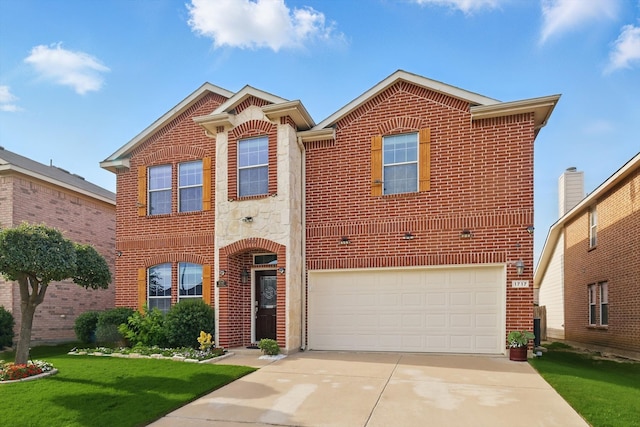 1717 Quail Grove Dr, Fort Worth, TX 76177 - traditional-style home with brick siding, concrete driveway, an attached garage, and a front lawn