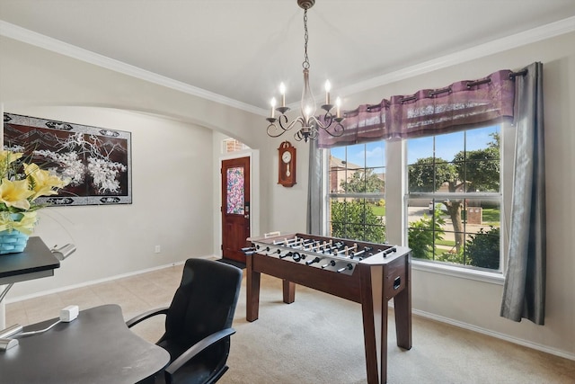 1717 Quail Grove Dr, Fort Worth, TX 76177 - rec room featuring arched walkways, a chandelier, ornamental molding, baseboards, and an office area