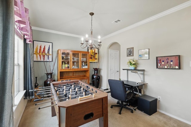 1717 Quail Grove Dr, Fort Worth, TX 76177 - recreation room featuring carpet, arched walkways, ornamental molding, a chandelier, and baseboards