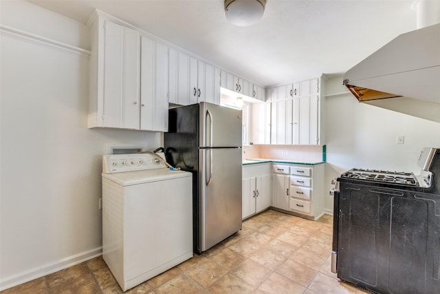 2109 Blake Ave, Dallas, TX 75228 - kitchen with washer / dryer, gas range oven, freestanding refrigerator, white cabinets, and custom range hood