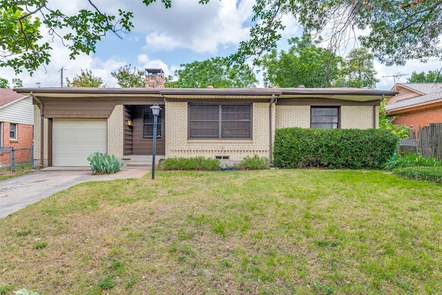 2109 Blake Ave, Dallas, TX 75228 - ranch-style house featuring a garage, brick siding, concrete driveway, and a chimney