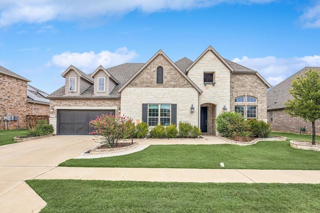 3509 Meridian Dr, Northlake, TX 76226 - french country style house with a front yard, concrete driveway, stone siding, a shingled roof, and an attached garage