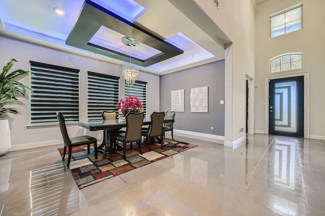 3509 Meridian Dr, Northlake, TX 76226 - tiled dining space with a tray ceiling and a chandelier