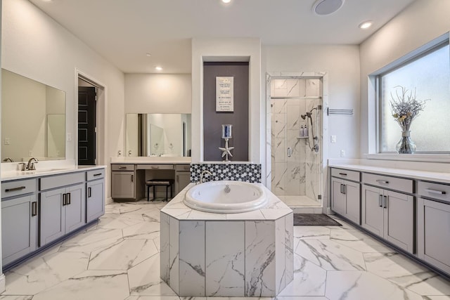 3509 Meridian Dr, Northlake, TX 76226 - full bath with a marble finish shower, two vanities, a bath, marble look tiles, and recessed lighting