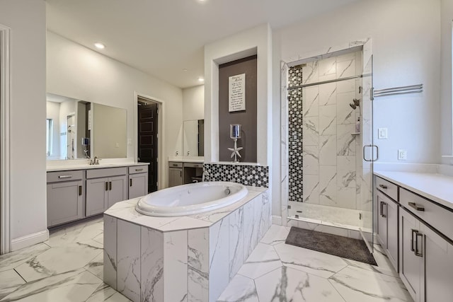 3509 Meridian Dr, Northlake, TX 76226 - bathroom with a marble finish shower, vanity, a bath, marble finish flooring, and recessed lighting