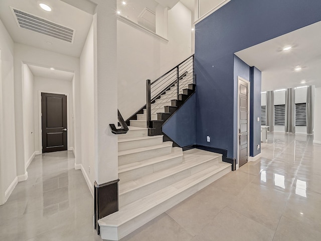 3509 Meridian Dr, Northlake, TX 76226 - staircase with tile patterned floors and recessed lighting