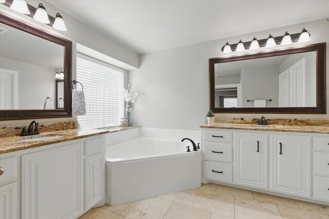 1430 Crescent Valley Dr, Prosper, TX 75078 - bathroom with vanity, a bath, and tile patterned flooring