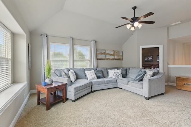 1430 Crescent Valley Dr, Prosper, TX 75078 - carpeted living area featuring vaulted ceiling, ceiling fan, plenty of natural light, and baseboards