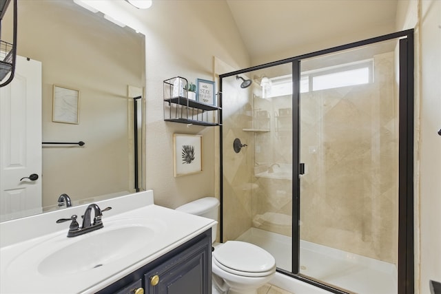 1430 Crescent Valley Dr, Prosper, TX 75078 - full bathroom featuring toilet, vaulted ceiling, a shower stall, and vanity