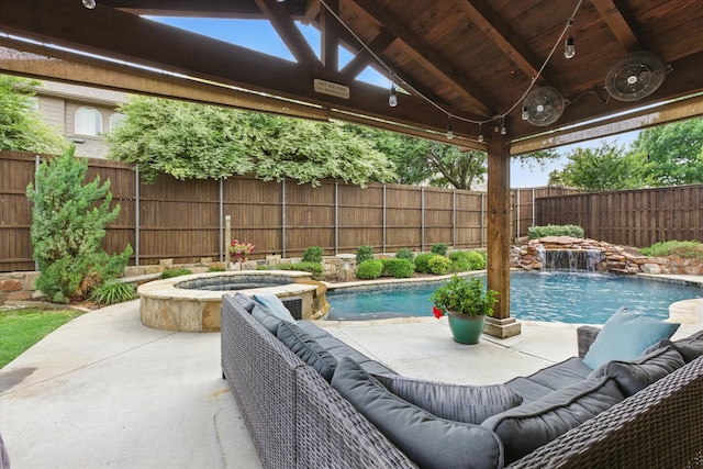 1430 Crescent Valley Dr, Prosper, TX 75078 - fenced backyard featuring outdoor lounge area, a gazebo, a patio area, and a pool with connected hot tub