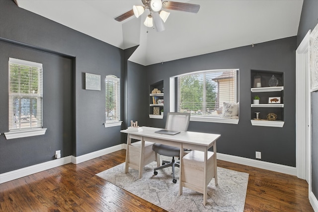 1430 Crescent Valley Dr, Prosper, TX 75078 - office space featuring vaulted ceiling, wood finished floors, ceiling fan, baseboards, and built in shelves