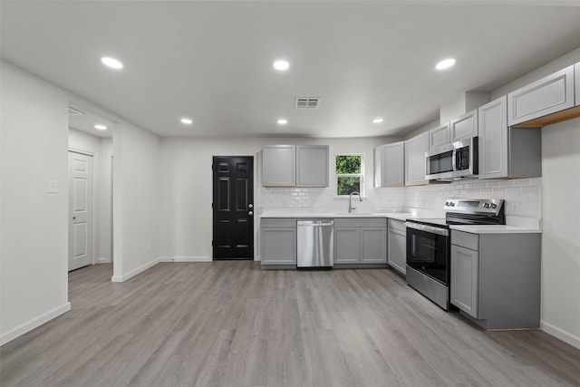2508 Windsor Ave, Waco, TX 76708 - kitchen with appliances with stainless steel finishes, gray cabinets, light wood-type flooring, backsplash, and recessed lighting