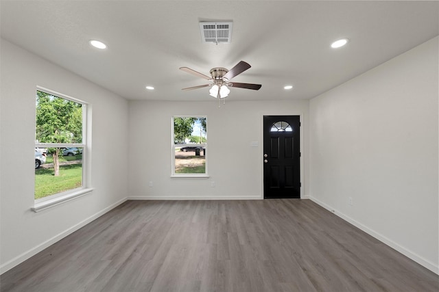 2508 Windsor Ave, Waco, TX 76708 - foyer featuring wood finished floors, ceiling fan, recessed lighting, and baseboards