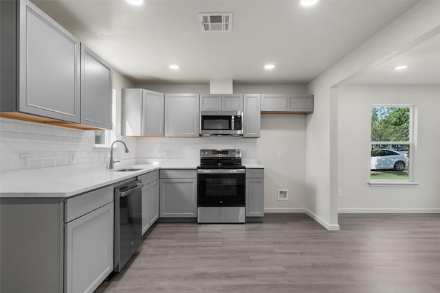 2508 Windsor Ave, Waco, TX 76708 - kitchen with appliances with stainless steel finishes, a sink, gray cabinetry, backsplash, and light wood-style floors