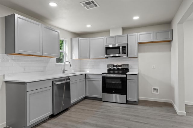 2508 Windsor Ave, Waco, TX 76708 - kitchen featuring stainless steel appliances, gray cabinetry, backsplash, recessed lighting, and light countertops