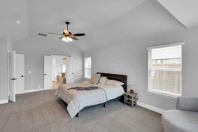 2417 Warrington Pl, Mansfield, TX 76084 - bedroom featuring carpet, vaulted ceiling, baseboards, ensuite bath, and a ceiling fan
