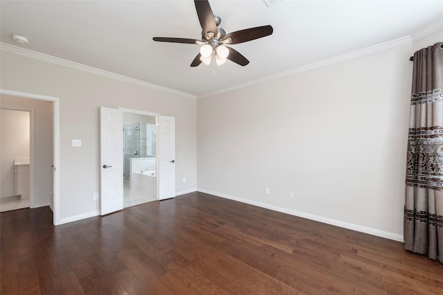 1605 Tanglewood Dr, Allen, TX 75002 - unfurnished bedroom featuring crown molding, wood finished floors, baseboards, ensuite bath, and ceiling fan