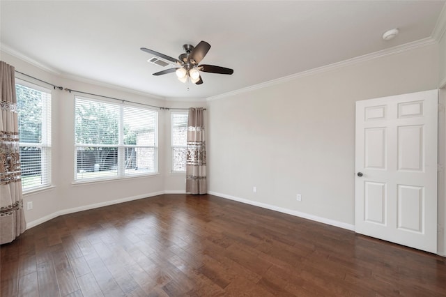 1605 Tanglewood Dr, Allen, TX 75002 - unfurnished room featuring a ceiling fan, a smoke detector, crown molding, dark wood-style floors, and baseboards