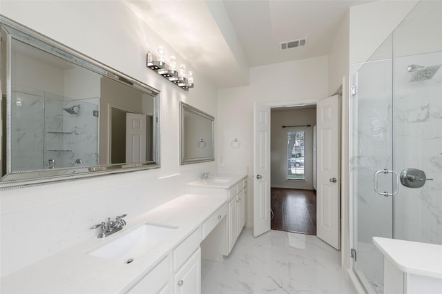 1605 Tanglewood Dr, Allen, TX 75002 - bathroom featuring a marble finish shower, double vanity, and marble finish flooring