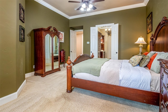 11626 Coronado Trl, Frisco, TX 75033 - carpeted bedroom with ornamental molding, baseboards, a chandelier, ceiling fan, and ensuite bath