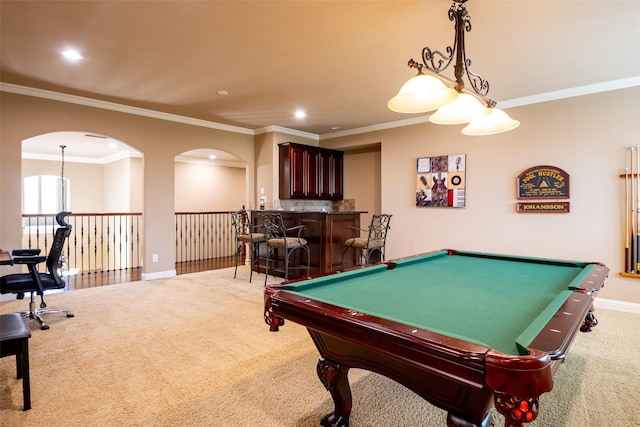 11626 Coronado Trl, Frisco, TX 75033 - game room with carpet, a dry bar, baseboards, recessed lighting, and billiards