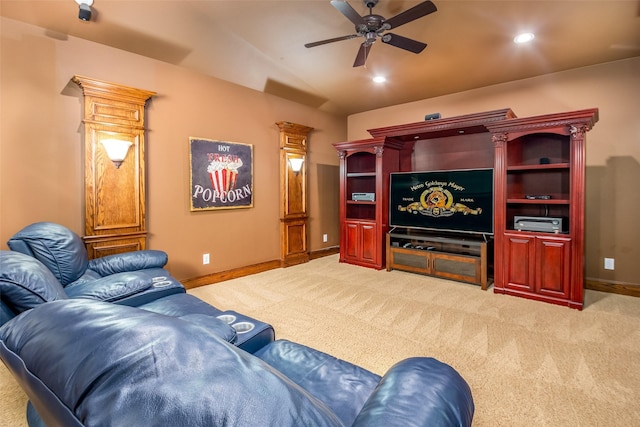11626 Coronado Trl, Frisco, TX 75033 - home theater with a ceiling fan, light carpet, baseboards, recessed lighting, and lofted ceiling