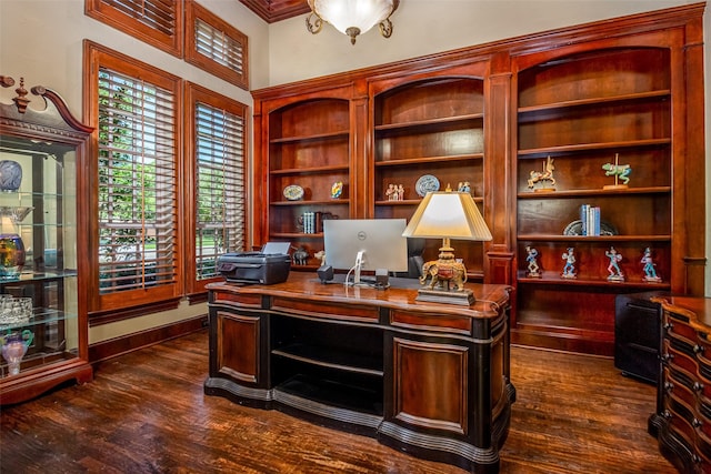 11626 Coronado Trl, Frisco, TX 75033 - office area with dark wood-style floors and ornamental molding