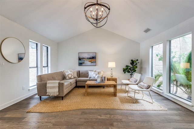 9502 Summerhill Ln, Dallas, TX 75238 - living area with a chandelier, lofted ceiling, plenty of natural light, dark wood-type flooring, and baseboards
