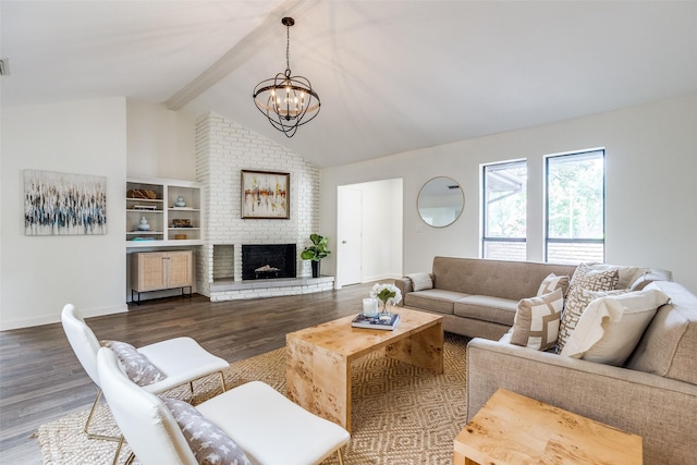 9502 Summerhill Ln, Dallas, TX 75238 - living area with wood finished floors, a chandelier, a brick fireplace, and baseboards