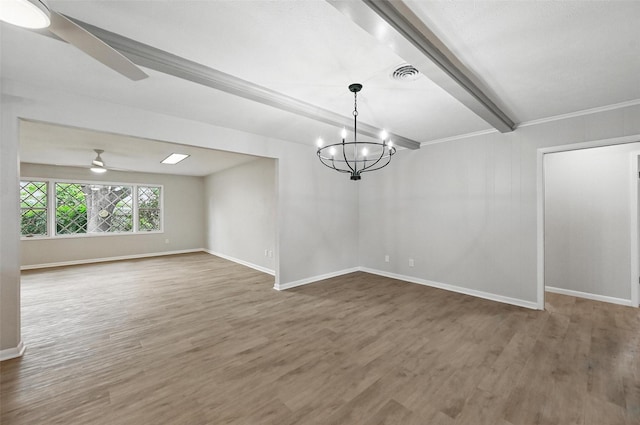 6729 Cylinda Sue Cir, North Richland Hills, TX 76180 - unfurnished room with beam ceiling, a chandelier, wood finished floors, and a ceiling fan