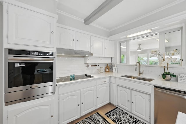 6729 Cylinda Sue Cir, North Richland Hills, TX 76180 - kitchen with stainless steel appliances, a ceiling fan, decorative backsplash, ornamental molding, and white cabinetry