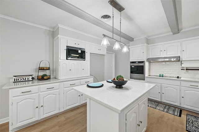 6729 Cylinda Sue Cir, North Richland Hills, TX 76180 - kitchen with stainless steel oven, under cabinet range hood, light wood finished floors, white cabinets, and ornamental molding