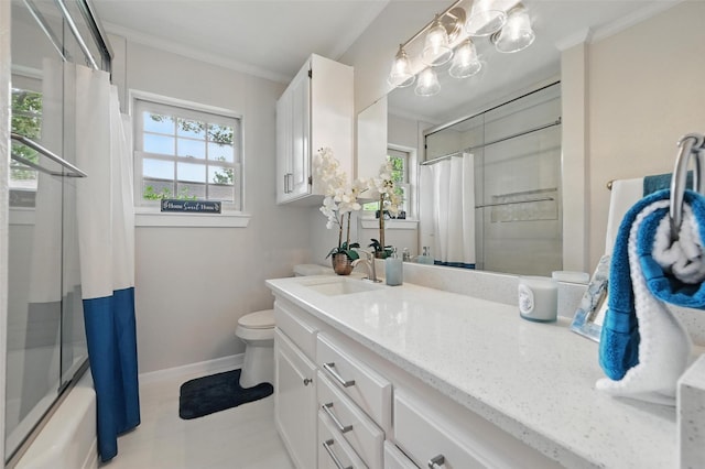 6729 Cylinda Sue Cir, North Richland Hills, TX 76180 - full bathroom with vanity, crown molding, tile patterned flooring, and shower / tub combo with curtain