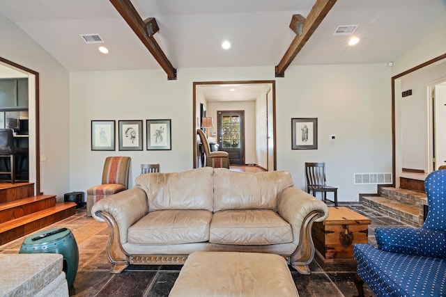 3893 E Fm 906, Powderly, TX 75473 - living area featuring beamed ceiling, stairway, and recessed lighting