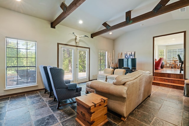 3893 E Fm 906, Powderly, TX 75473 - living area with stone tile flooring, recessed lighting, french doors, and baseboards