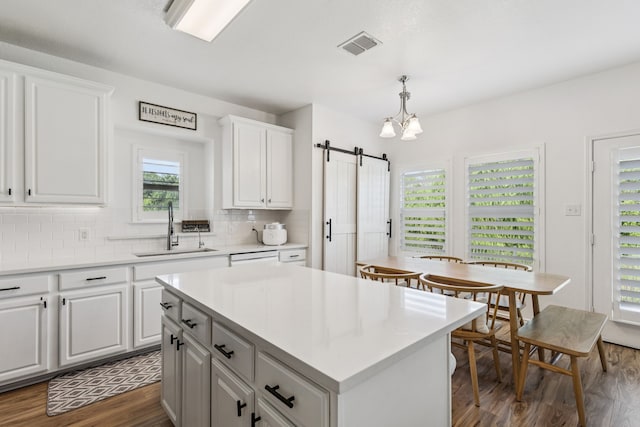 5016 Coney Island Dr, Frisco, TX 75036 - kitchen with a sink, a barn door, dark wood-style flooring, tasteful backsplash, and white cabinets