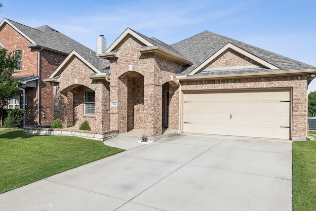 5016 Coney Island Dr, Frisco, TX 75036 - view of front of property with brick siding, concrete driveway, a front lawn, an attached garage, and a shingled roof