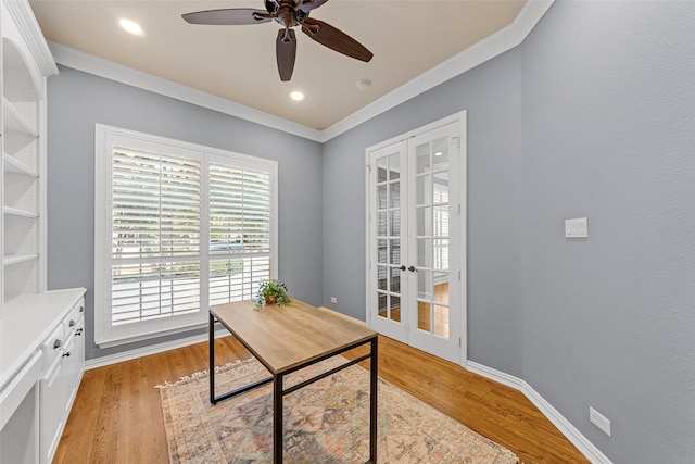 957 Pheasant Dr, Allen, TX 75013 - office featuring french doors, ornamental molding, light wood finished floors, ceiling fan, and recessed lighting