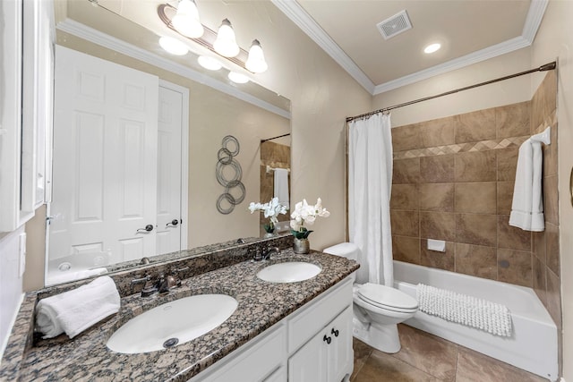 957 Pheasant Dr, Allen, TX 75013 - full bath with double vanity, shower / bathtub combination with curtain, tile patterned flooring, and crown molding