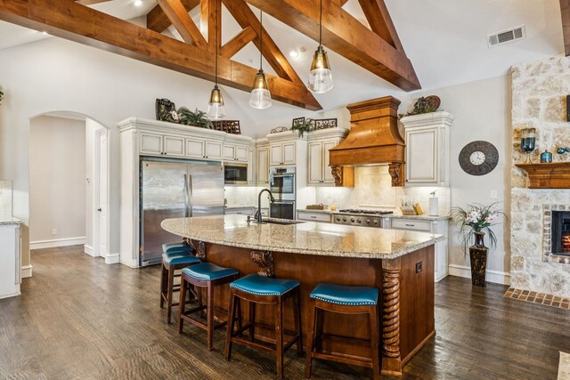 2711 Bauer Ct, Lucas, TX 75002 - kitchen with custom range hood, appliances with stainless steel finishes, high vaulted ceiling, arched walkways, and a sink
