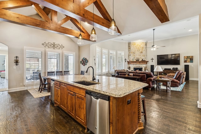 2711 Bauer Ct, Lucas, TX 75002 - kitchen featuring a sink, dishwasher, high vaulted ceiling, a fireplace, and beam ceiling