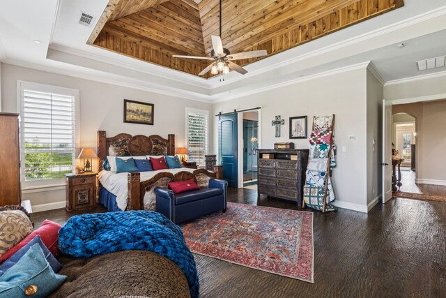 2711 Bauer Ct, Lucas, TX 75002 - bedroom with a tray ceiling, a barn door, wood finished floors, baseboards, and crown molding