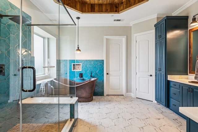 2711 Bauer Ct, Lucas, TX 75002 - full bath with vanity, a shower stall, a soaking tub, a raised ceiling, and tile walls