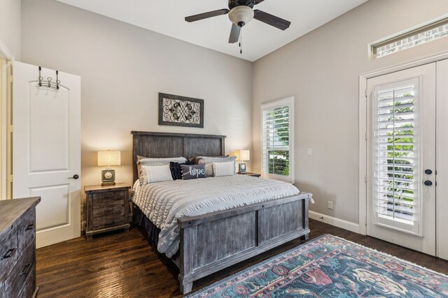2711 Bauer Ct, Lucas, TX 75002 - bedroom featuring dark wood-style flooring, access to exterior, baseboards, and a ceiling fan