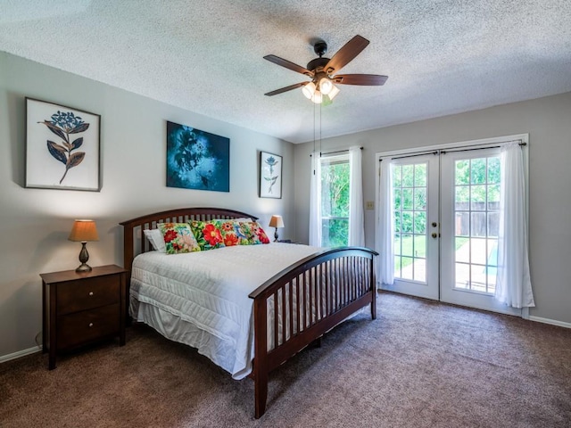 1507 Juniper Ln, Lewisville, TX 75077 - bedroom featuring access to exterior, french doors, carpet flooring, a textured ceiling, and a ceiling fan
