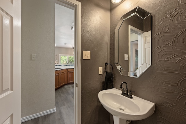 5033 Glenscape Trl, Fort Worth, TX 76137 - bathroom with wood finished floors, a sink, and baseboards