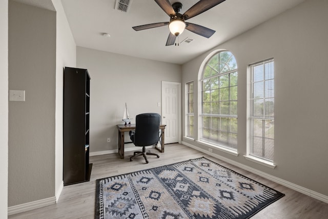 5033 Glenscape Trl, Fort Worth, TX 76137 - home office featuring ceiling fan, baseboards, and light wood-style floors