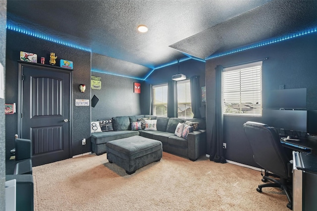 8048 Crimea Ln, Fort Worth, TX 76123 - carpeted office featuring a textured ceiling, vaulted ceiling, and baseboards